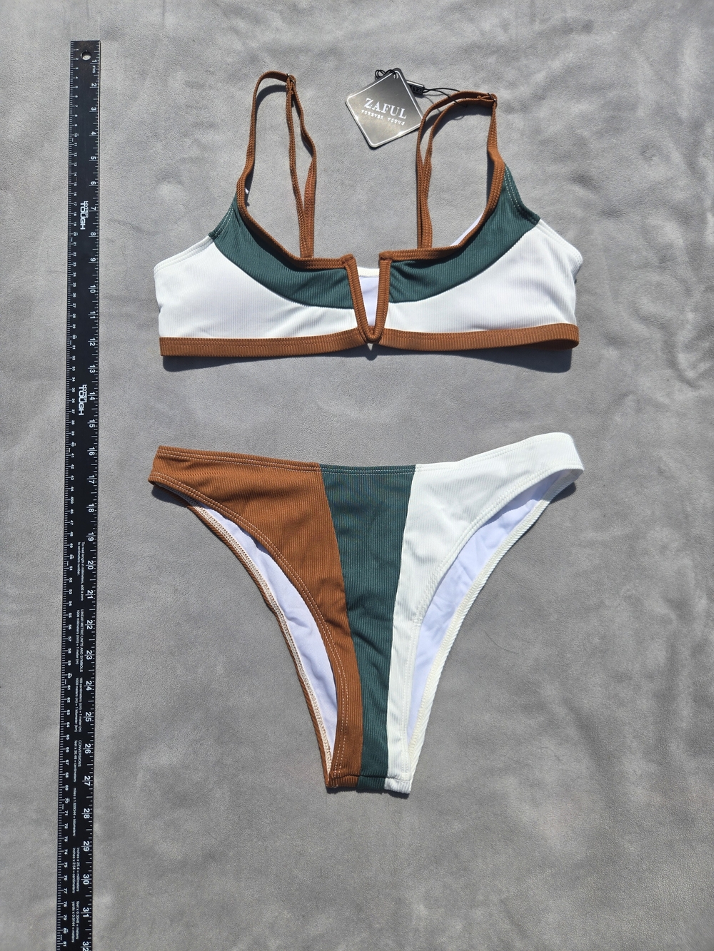 Zaful Colorblock V-Notch Triangle Bikini - White, Green & Brown - NEW - Picture 3 of 10
